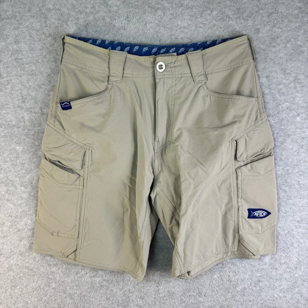 Aftco Pact Fishing Cargo Shorts Men's 28 Khaki Drawstring Stretch Outdoor Aftech